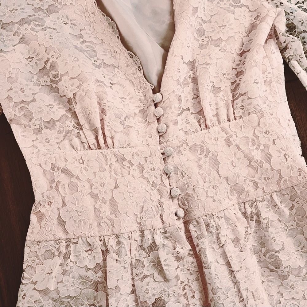 Vintage 80s Petal Pink Lace Maxi Dress 10 Cottagecore Victorian Wedding Coquette - Picture 11 of 13